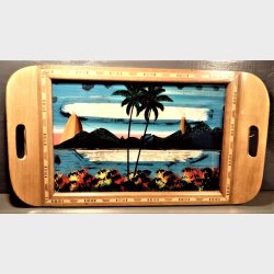 Vintage serveringsbakke med indlagt intarsia