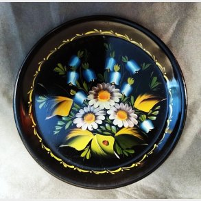 Sort russisk vintage bakke med bl og gule hndmalede blomster