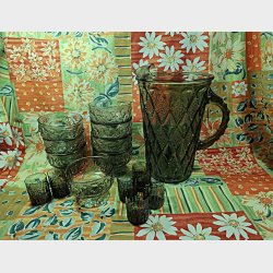 Grnt vintage glasservice: Kande, dessertglas og likrglas