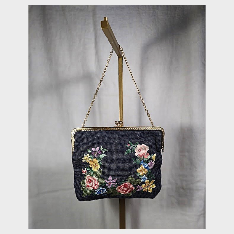 Vintage selskabstaske med petit point broderi